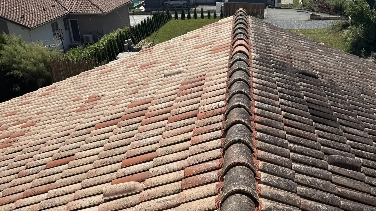 Toiture en tuiles canal nettoyée à la vapeur par ROSE : à gauche le pan nettoyé, à droite le pan avant intervention